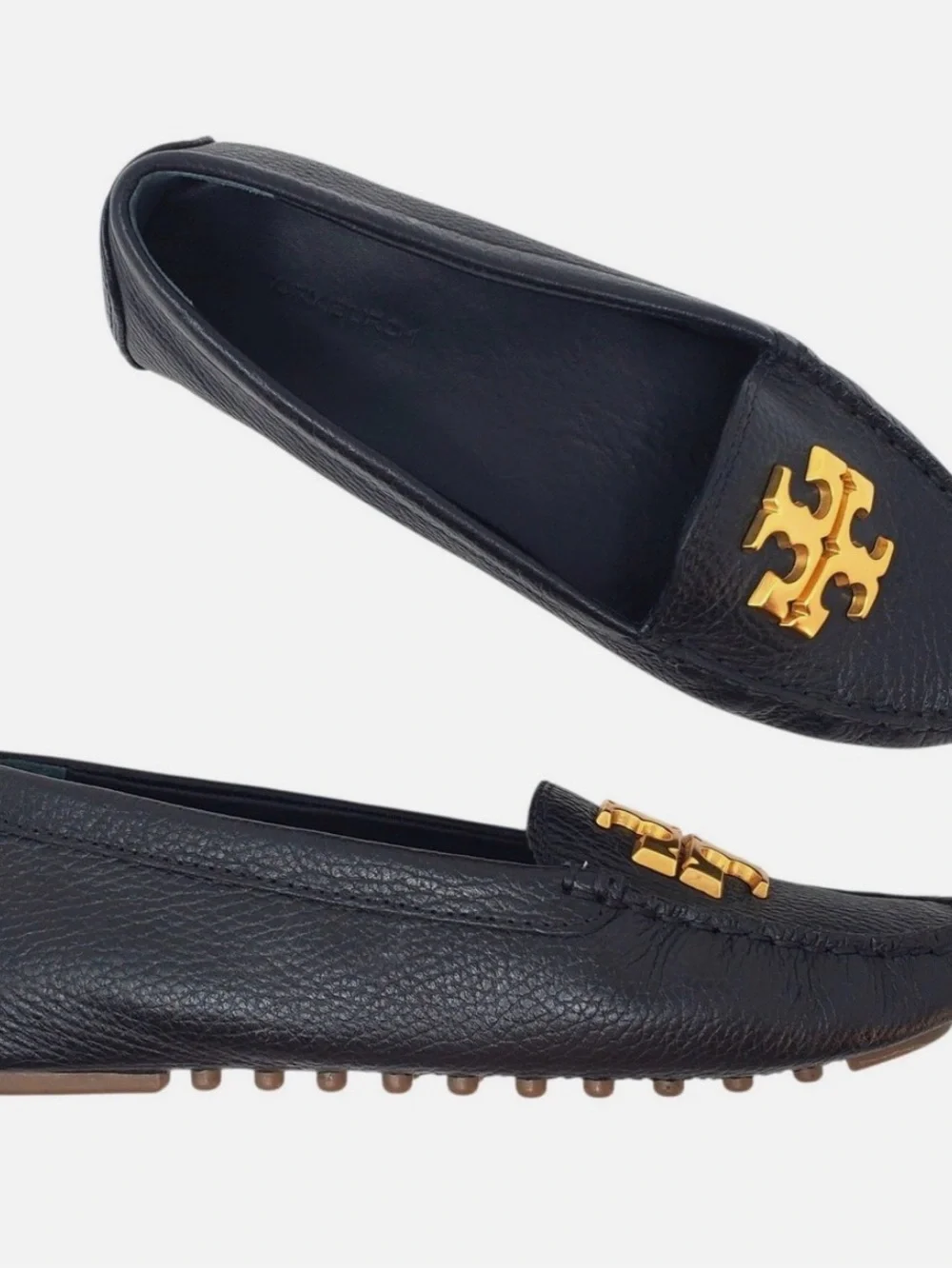 Like New Tory Burch Black Leather Loafers with Gold Logo Plaques